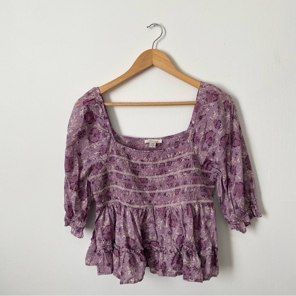 American Eagle Purple Boho Floral Peplum Smocked Blouse Women's Junior Large - Picture 1 of 4